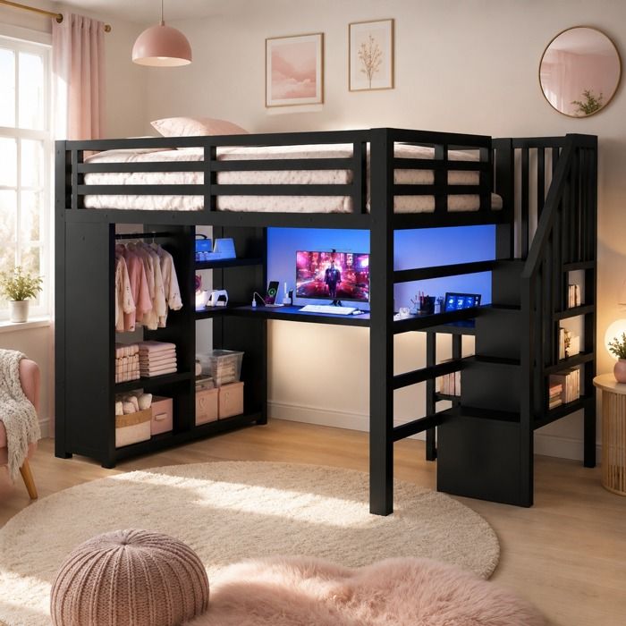 Lit mezzanine - ZEVKOR - 140×200 cm - Bureau intégré - Armoire ouverte - LED intégrée
