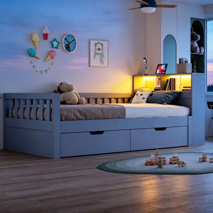 Lit 1 Place En Bois Gris Lit Combiné Multifonction FloraGrace Pour Chambre Avec Rangement Et LED 225x94 5x85cm
