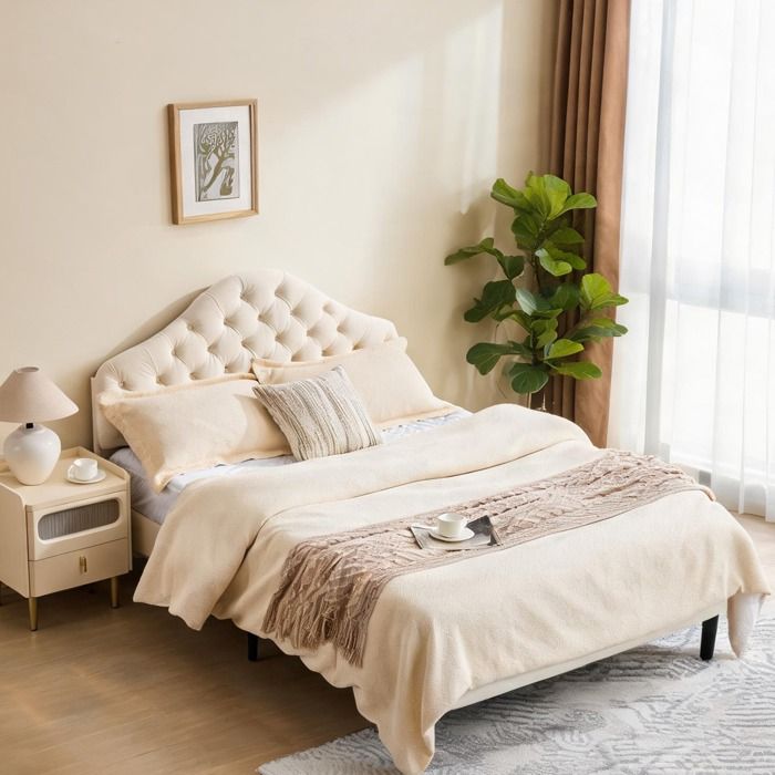 Lit plateforme capitonné velours lin beige 140x200 cm tête nuage réglable – chambre ado ou invité