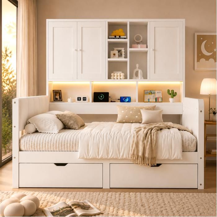 Lit combiné 140x200 AESVAR avec rangements LED USB USB-C 2 tiroirs Blanc MDF