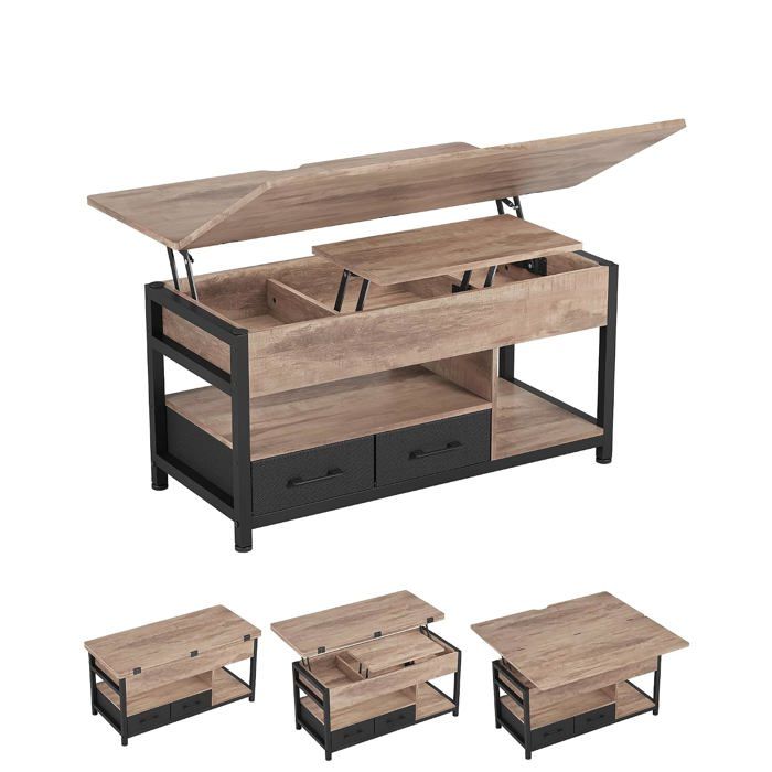 Table basse relevable 3 en 1 - table à manger avec plateau pliant 2 tiroirs étagère et compartiment caché marron camel