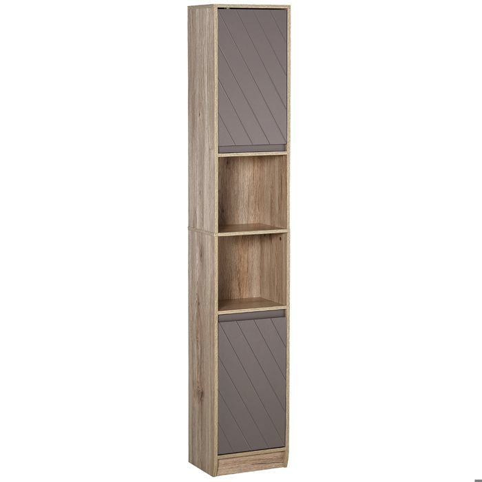 Colonne de salle de bain - Armoire haute de rangement - 2 étagères - Panneaux MDF - Chêne et Gris - 30 x 24 x 170 cm - EUJIGSHOP