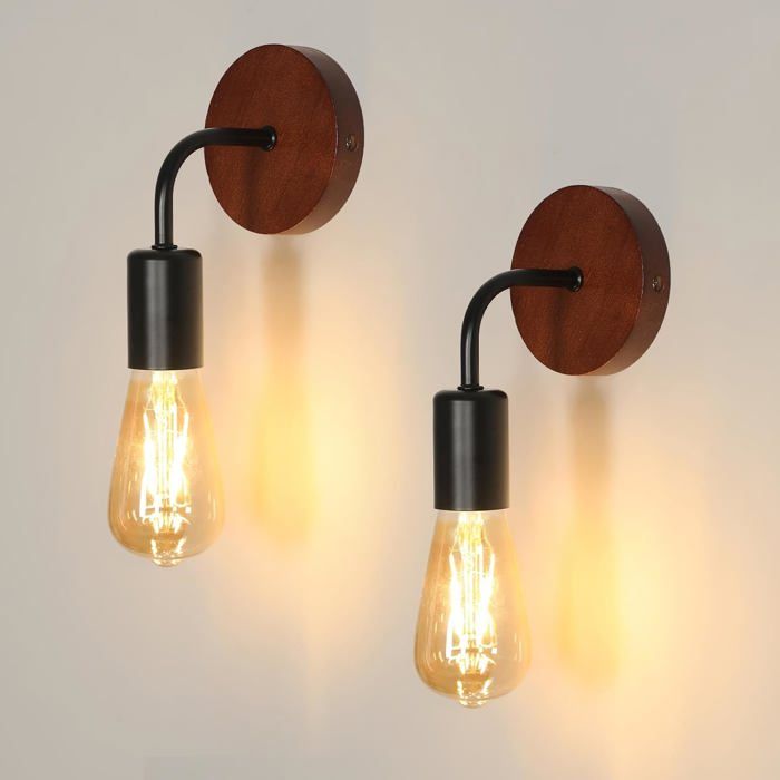 Lot de 2 lampes murales vintage industriel - Culot E27 60 W - Bois et métal - Éclairage intérieur