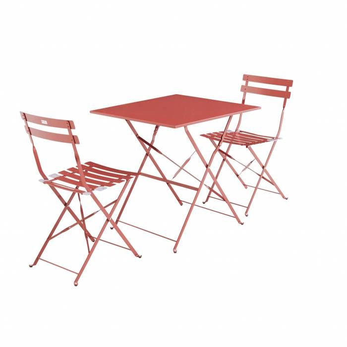 Salon de jardin bistrot pliable - Emilia carré terra cotta - Table carrée 70x70cm avec deux chaises pliantes, acier thermolaqué