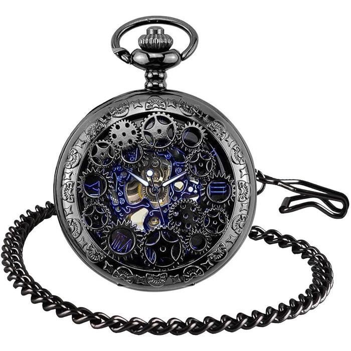 Montre De Poche Mécanique à Remontage Automatique - Cadran Romain Découvert, Chaîne Incluse - Style Rétro, Cadeau élégant Pour Homme