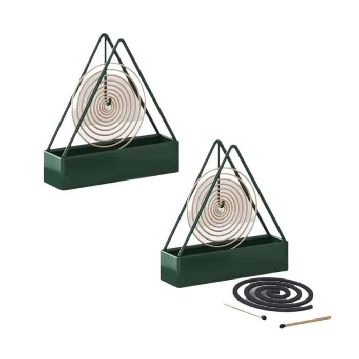 Lot de 2 supports de bobine anti-moustiques, portable en métal triangulaire avec plateau récupérateur de cendres, terrasse (vert)