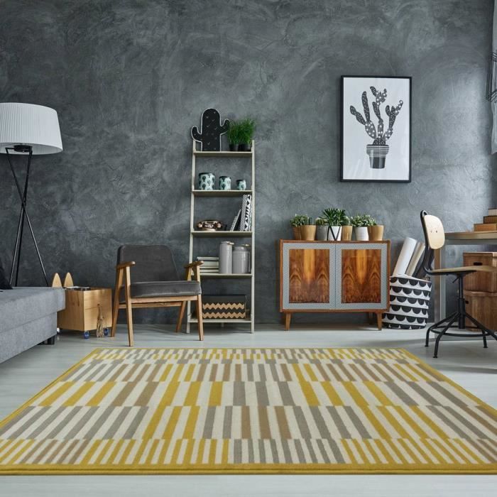 Tapis De Salon Milan Traditionnel Ocre Jaune Moutarde Gris Et