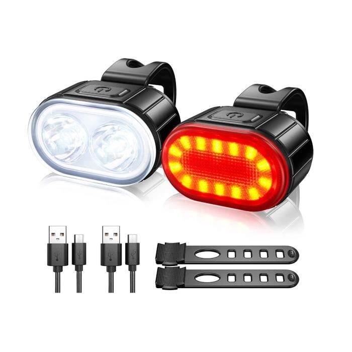 Eclairage Velo a LED Puissant - Lumiere Velo Avant et Arriere kit - Etanche IPX5 - USB - 4 et 6 modes