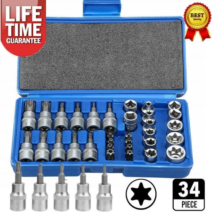 CHAMPION COFFRET À DOUILLES 34 PCS JEU COFFRET DOUILLE TORX OUTIL T-PROFIL ENSEMBLE DE BITS