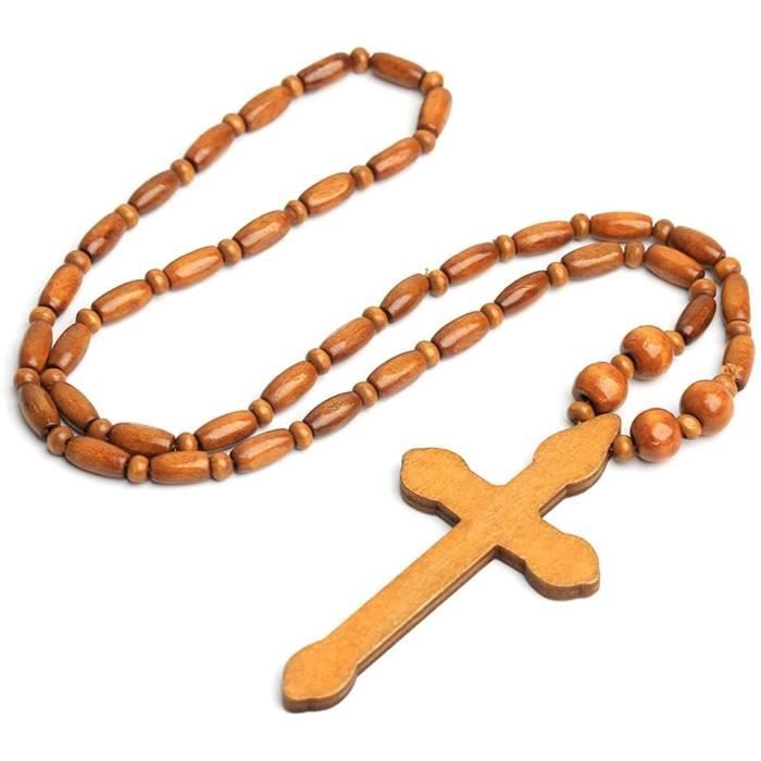 Chapelet Catholique En Bois Naturel - Avec Croix Et Médailles Jésus Et Saint Benoît | Pour Prière, Communion, Baptême, Messe - 2