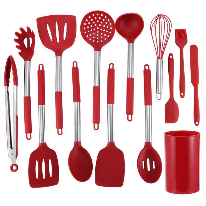 Tbest Ensemble d'ustensiles de cuisine 14Pcs Kit d'Ustensiles de Cuisine en Silicone Rouge Ustensiles Antiadhésifs avec Boîte de
