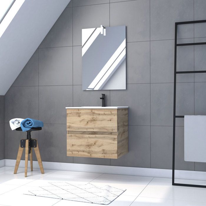 Meuble salle de bain 60x54 - Finition chene naturel + vasque blanche + miroir Led - TIMBER 60 - Pack31