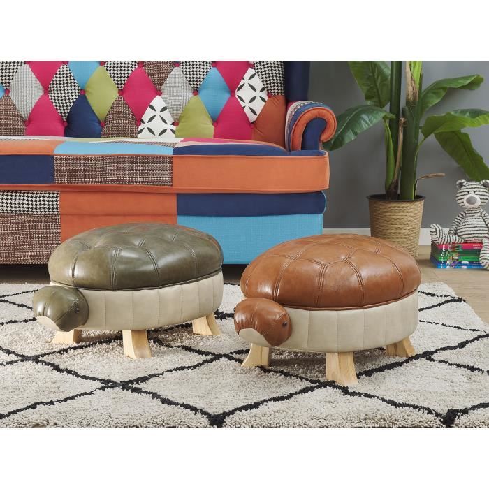 Tabouret pour enfant en cuir PU vert et beige TURTLE Tabouret pour enfant en cuir PU vert et beige TURTLE
