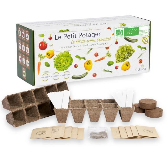 Cultivea Le Kit Petit Potager - Kit de 10 graines de semis essentiels - Pots à semis - Graines 100% biologique -Jardinez et