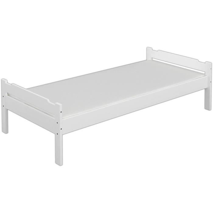 Lit simple en bois massif pin 90x200 blanc lit enfant y compris sommier et matelas 60.31-09WM Lit simple en bois massif pin 90x200 blanc lit enfant y compris sommier et matelas 60.31-09WM