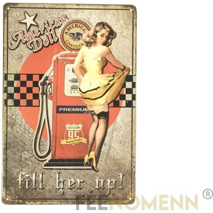 Plaque Métal Déco Vintage - Pompe à Essence Pin up - American Doll