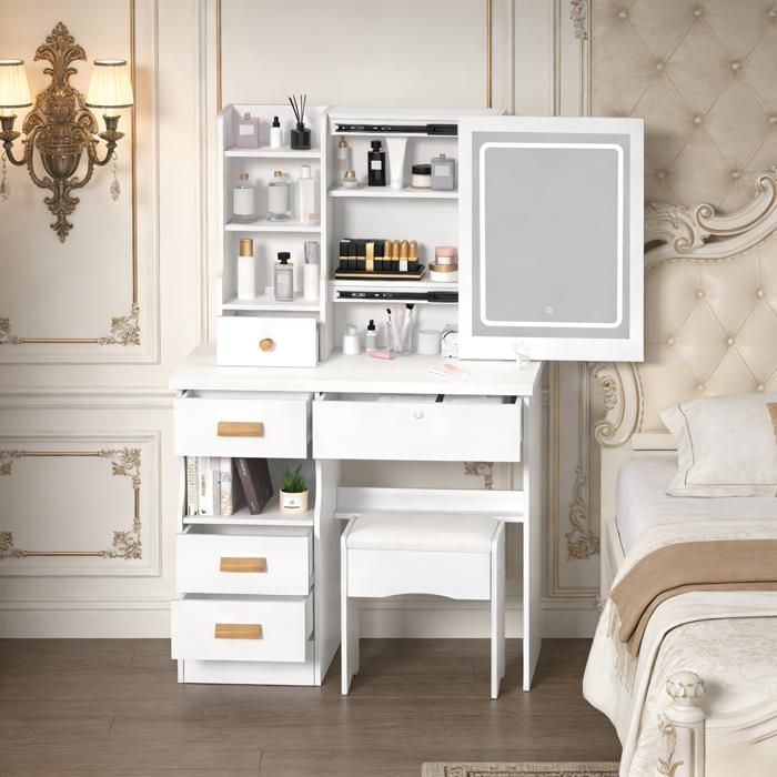 Coiffeuse blanche avec 6 tiroirs et étagères ouvertes, miroir pour chambre à coucher, coiffeuse moderne (blanc