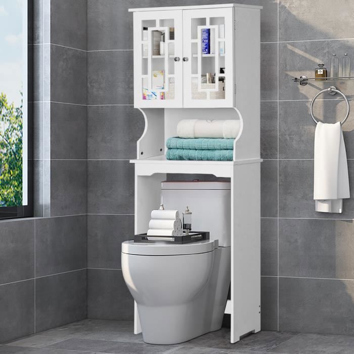 giantex meuble dessus toilettes wc,meuble/colonne salle de bain avec 2 portes+ 3 étages,1 étagère réglable,60x21,5x170,5 cm,blanc