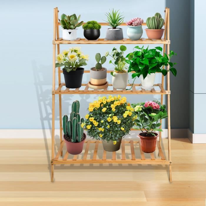 HOMEWELL - Meuble support pour plante - Trois couches - Bambou - 70x40x96cm