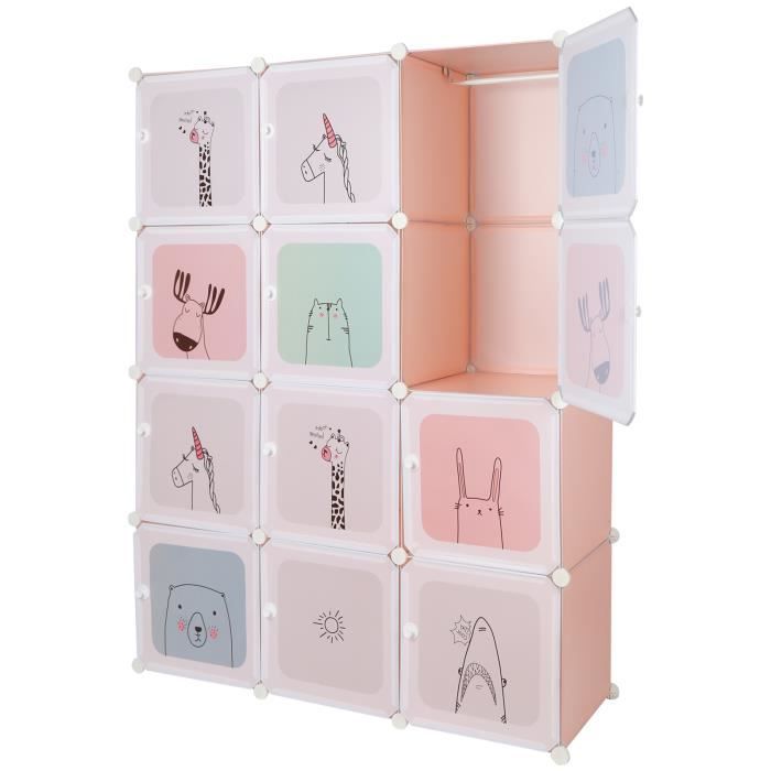 Armoire enfant KEDIA - 4 couches - 12 compartiments - 2 crochets - rose