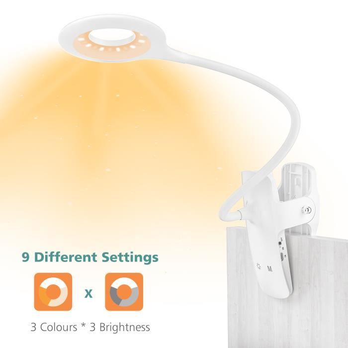Lampe Pince Lecture Rechargeable LENCENT 28 LED - Blanc Ambré 9 Modes Clip Flexible Anti Lumière Bleue