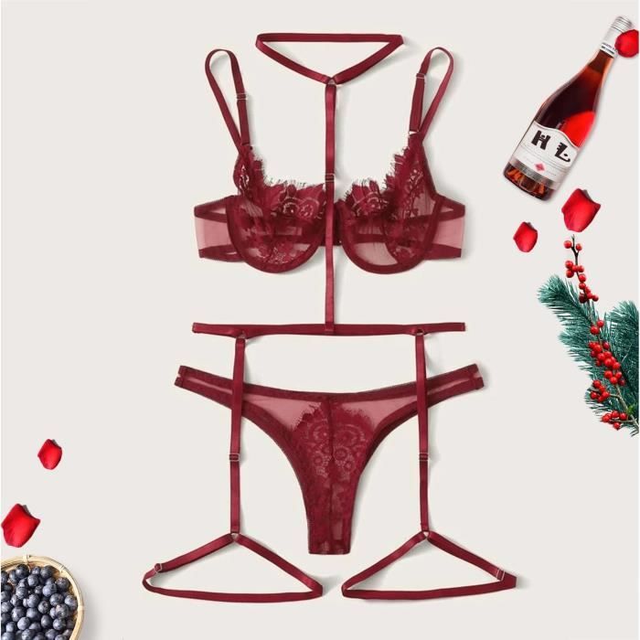 Ensemble de sousvêtements sexy en dentelle ultra mince pour femmes ZUIHAO24948 Rouge