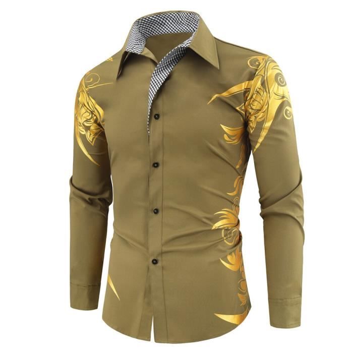 Chemise,Chemise imprimée à manches longues pour homme,vêtement Slim et  décontracté de haute qualité,couleur or et - vert militaire Blanc -  Cdiscount Prêt-à-Porter