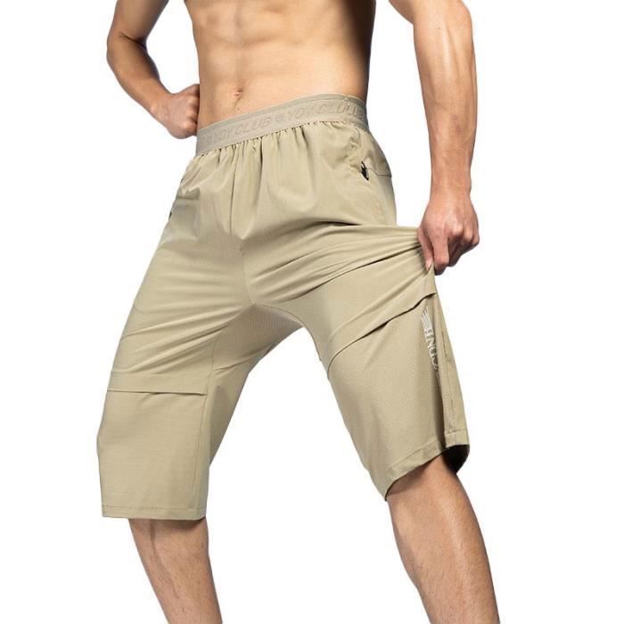 Pantacourt de Sport Homme Ete Respirant Taille Elastique Coupe Ample  Séchage Rapide Kaki Marque