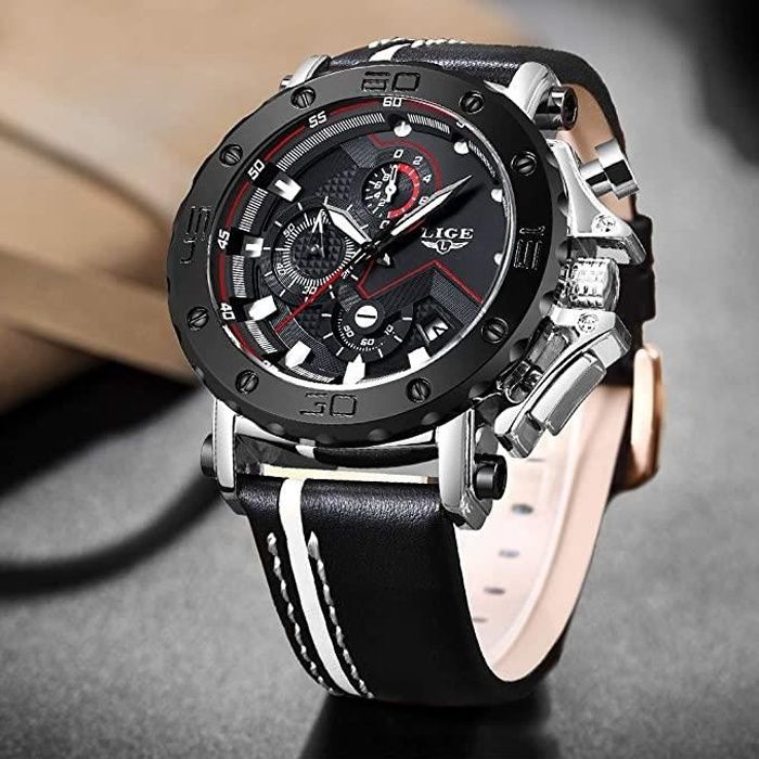 Montre Homme Sport Militaire Étanche Chronographe Analogique - LIGE - ORGANGONFAND - Noir - Cuir - Ronde