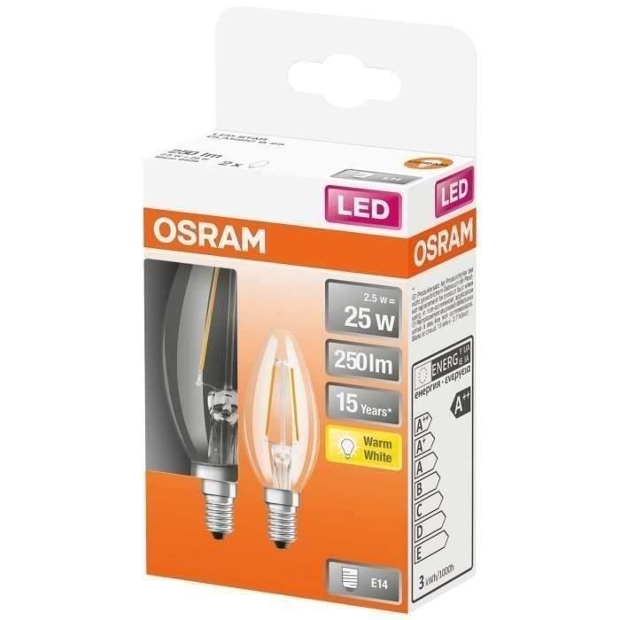 OSRAM - Boite de 2 LED flamme verre clair 2.5W E14 250lm 2700K chaud