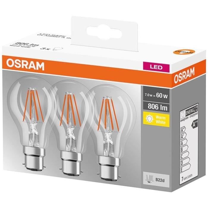 OSRAM Boite de 3 Ampoules LED standard filament 7W B22 - Blanc chaud