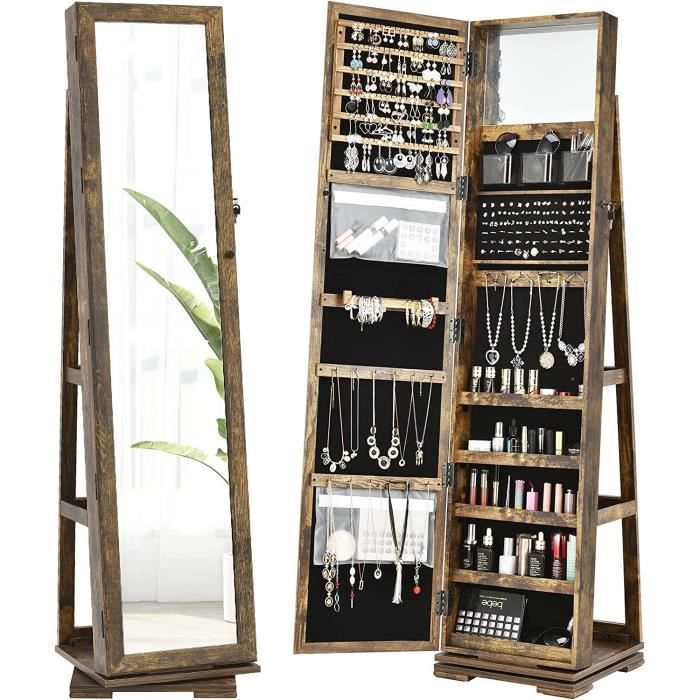 Armoire à Bijoux avec Miroir - RELAX4LIFE- Pivotante à 360°- Miroir Pleine Longueur - Verrouillable avec Clés - 5 Étagères - Marron