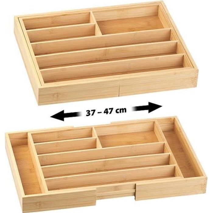 Relaxdays Range-Couverts Bambou Extensible 6-8 Compartiments + 2 Blocs Couteaux – Organiseur Tiroir Cuisine Naturel