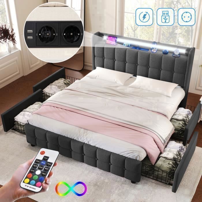 lit double 160 x 200 avec avec tête de lit sommier à lattes 4 tiroirs chargement USB et éclairage LED lin gris