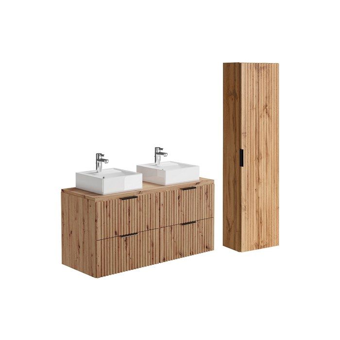 Meuble de salle de bain suspendu strié avec vasque à poser et colonne - Naturel clair - 120 cm - ZEVARA
