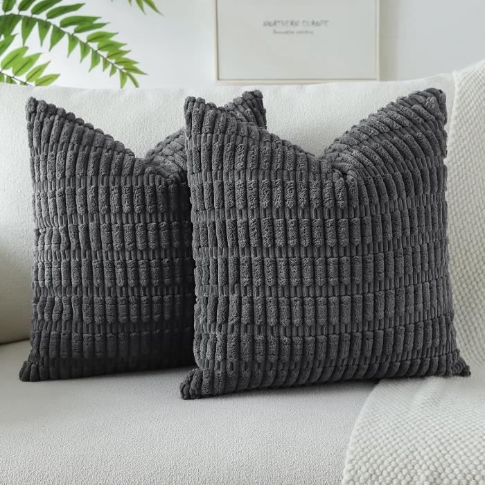 Lot de 2 Housses de Coussins en Velours Côtelé Décoratif Canapé Taie doreiller Doux Decoration 45 x 45cm Gris Foncé