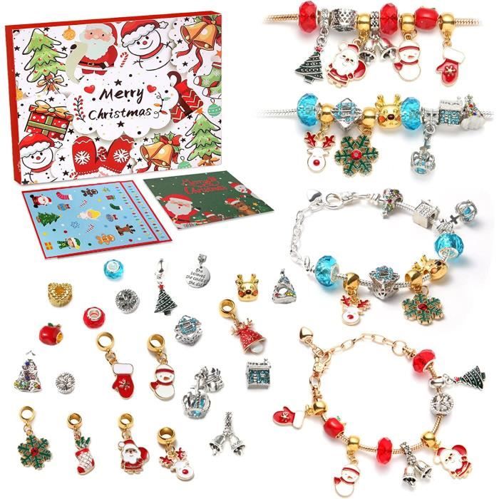 Calendrier de L'avent - 24 Pcs Charms Bracelet Kit avec carte de voeux - 24  Jours Compte à Rebours - Cadeaux Surprise de Noël