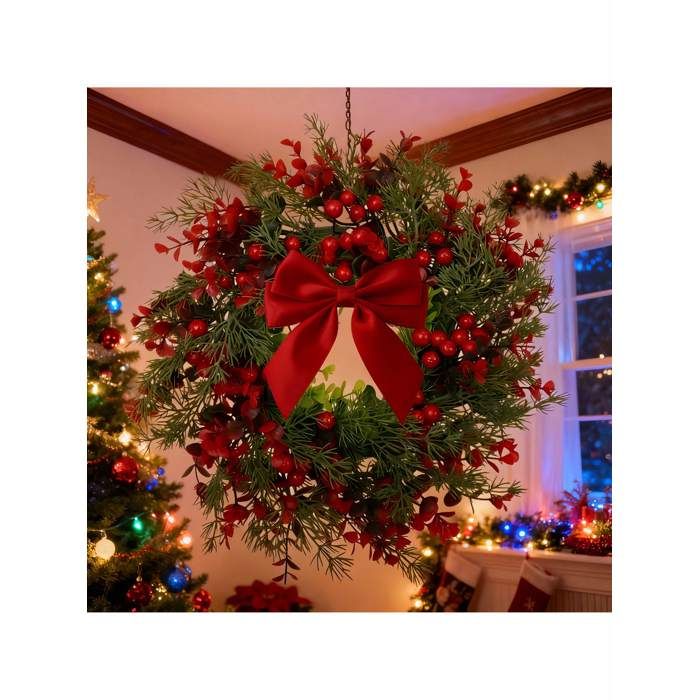 Couronne De Noël LED Pour Porte D'entrée, Couronnes Artificielles Avec Nœud, Pommes De Pin, Baies Rouges, Nœud Pour Décoration De Noël, Fenêtre, Mur (rouge