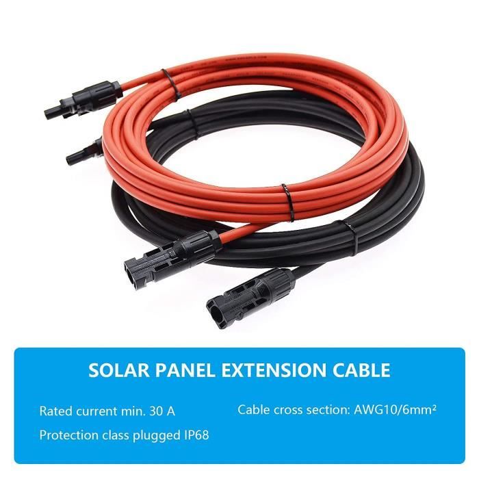Câble solaire 6 mm2, rallonge MC4, câble PV 6 mm2, rallonge de câble  solaire, IP68 étanche pour connecteur, panneaux solaires photovoltaïques  (14 AWG/6 mm² 2 m) : : High-Tech