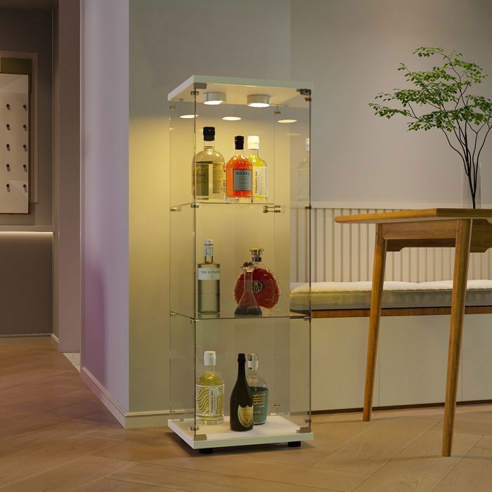 Vitrine En Verre Blanc 125x43x37 Cm - 3 Étagères, Moderne, Pour Collection, Livres Ou Vin