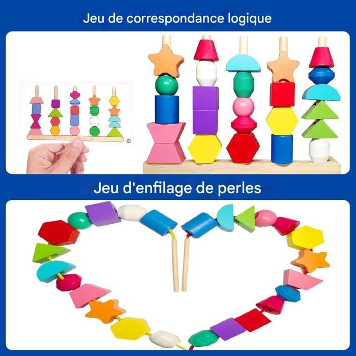 Ainiv Jouet Montessori 3-en-1 – Enfilage De Perles, Empilage, Tri – Coffret En Bois Avec Cartes – Dès 2 Ans