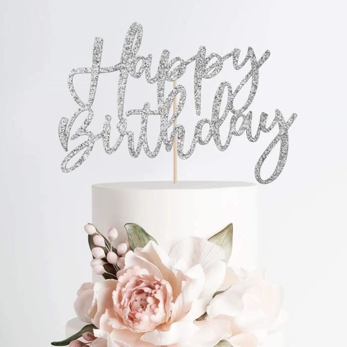 Décoration pour gâteau Happy Birthday argenté - Black & White
