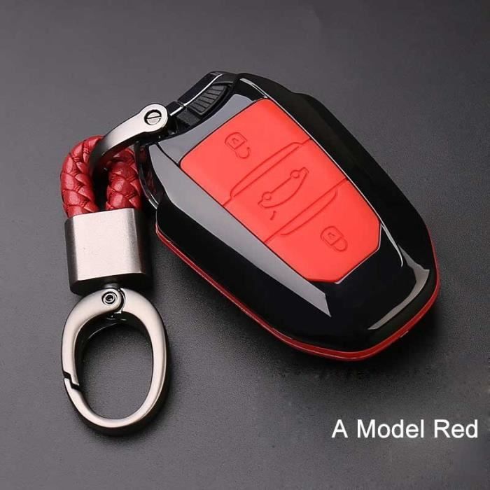Coque clé,Housse de clé de voiture en PVC et carbone, avec porte-clé, pour  Peugeot 3008 208 308 RCZ 508 408 2008 407 - Type Rouge