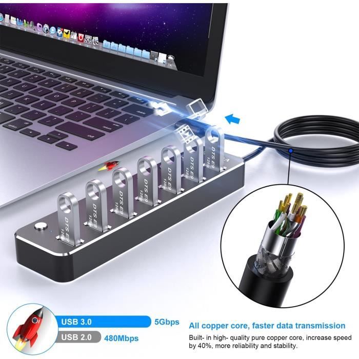 Hub USB 7 Ports Avec Interrupteurs Individuels - Alimentation Externe Incluse - Câble De 0,5 M - Pour PC, Mac, Périphériques Multiples