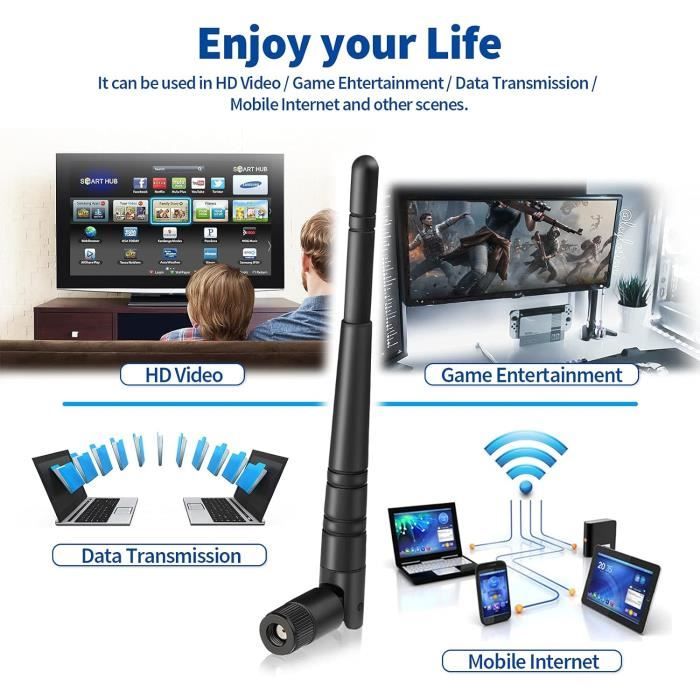 Antenne WiFi Triple Bande 2,4 GHz / 5,8 GHz / 6 GHz - Gain 12 DBi - Câble SMA 140 Mm - Pour Carte WiFi, Routeur, PC - Améliore La Portée Et La Stabilité Du Signal - 5