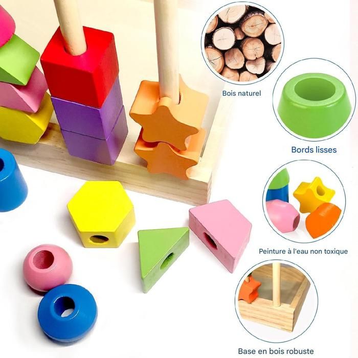 Jouet Montessori 3 En 1 Perles En Bois - Jeu D'Enfilage, Tri Et Empilage - Enfants 2-5 Ans - 56 Pièces