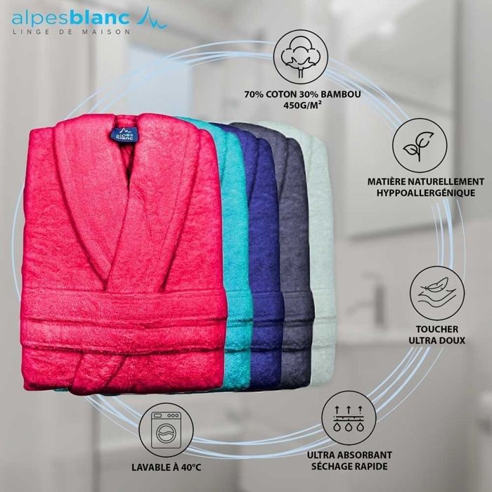 Peignoir De Bain Mixte 70% Coton 30% Bambou - Col Châle, 450 G/m², Hypoallergénique, Tailles S à XXL (couleurs Assorties)