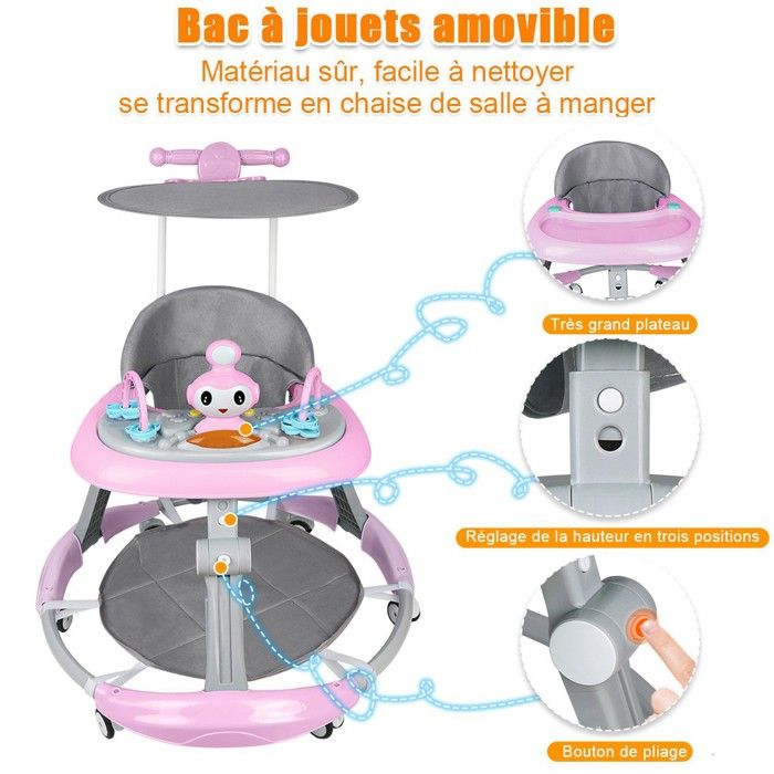 Trotteur Bébé 4 En 1 évolutif 6-18 Mois - Réglable Hauteur/vitesse, Pliable, Musique, 12kg Max, Rose