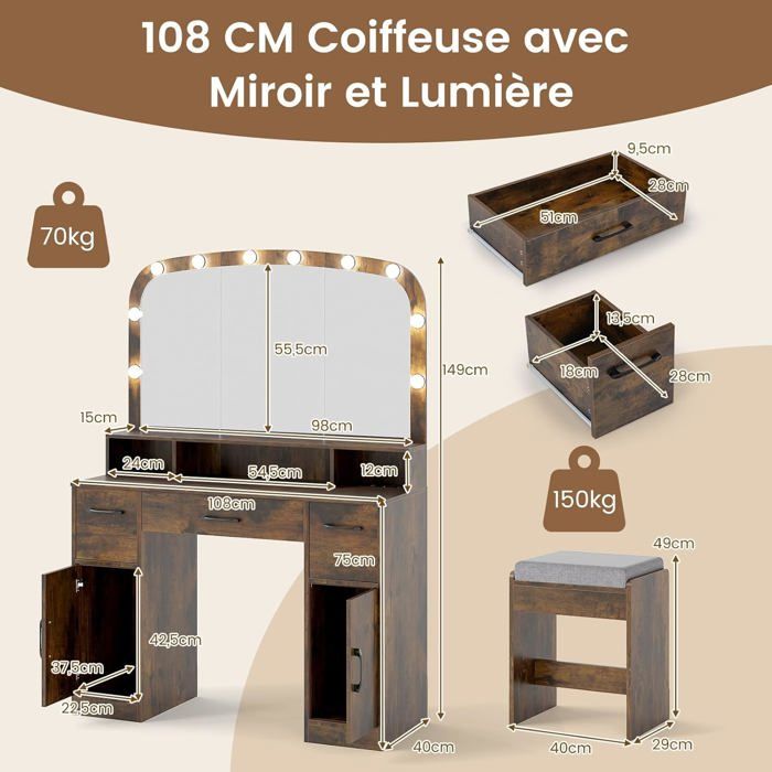 Coiffeuse Avec Miroir Et Tabouret COSTWAY – 108 Cm De Large, éclairage LED 3 Couleurs, Rangements Spacieux