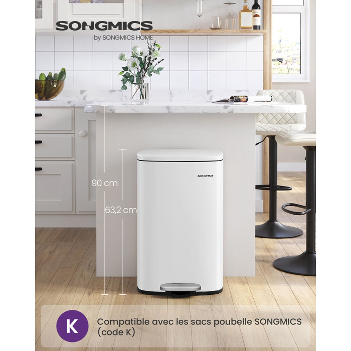 SONGMICS Poubelle De Cuisine 50L à Pédale – Grande Poubelle Métal Avec Couvercle Doux, Design Moderne Argent/Noir, Idéale Famille Nombreuse